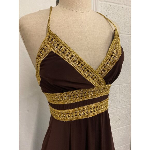 Vintage Eliza J. New York Brown & Gold Halter Dress With Crochet Detailing - Picture 4 of 8